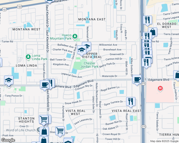 map of restaurants, bars, coffee shops, grocery stores, and more near 11884 Belfry Park Drive in El Paso