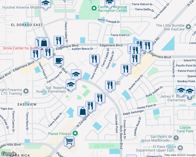 map of restaurants, bars, coffee shops, grocery stores, and more near 3517 Tierra Bahia Drive in El Paso