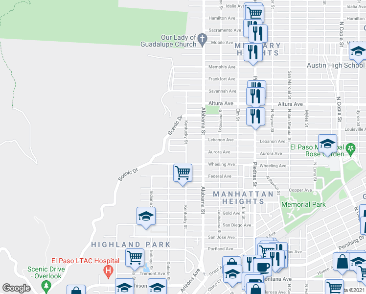 map of restaurants, bars, coffee shops, grocery stores, and more near 1905 Kentucky Street in El Paso