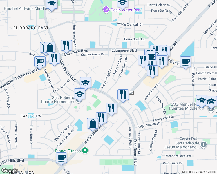map of restaurants, bars, coffee shops, grocery stores, and more near 3517 Tierra Bahia Drive in El Paso
