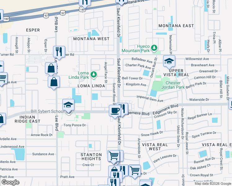 map of restaurants, bars, coffee shops, grocery stores, and more near 3448 Sunset Rose Drive in El Paso