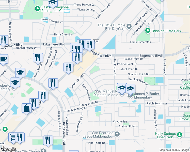 map of restaurants, bars, coffee shops, grocery stores, and more near 14169 Spanish Point Drive in El Paso