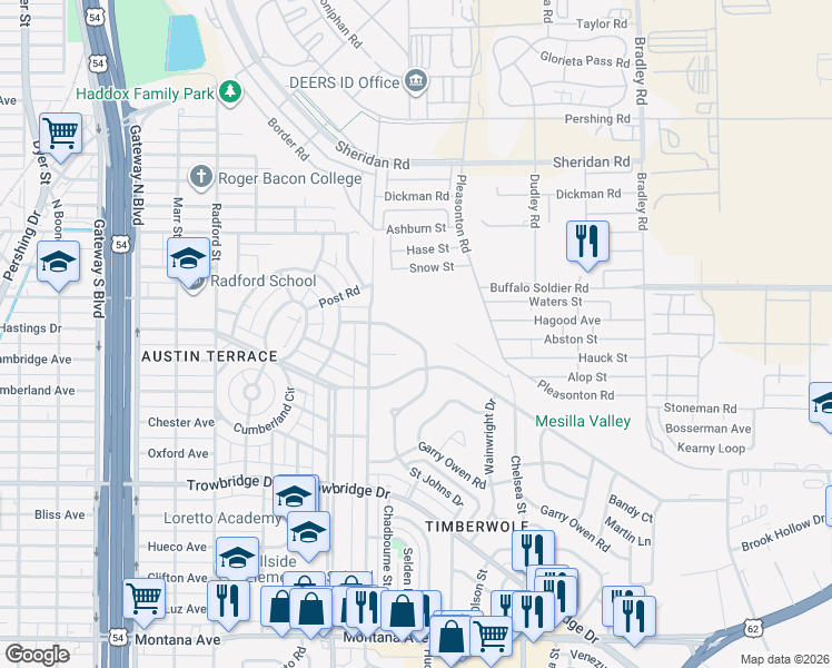 map of restaurants, bars, coffee shops, grocery stores, and more near 1928 Saint Johns Drive in El Paso