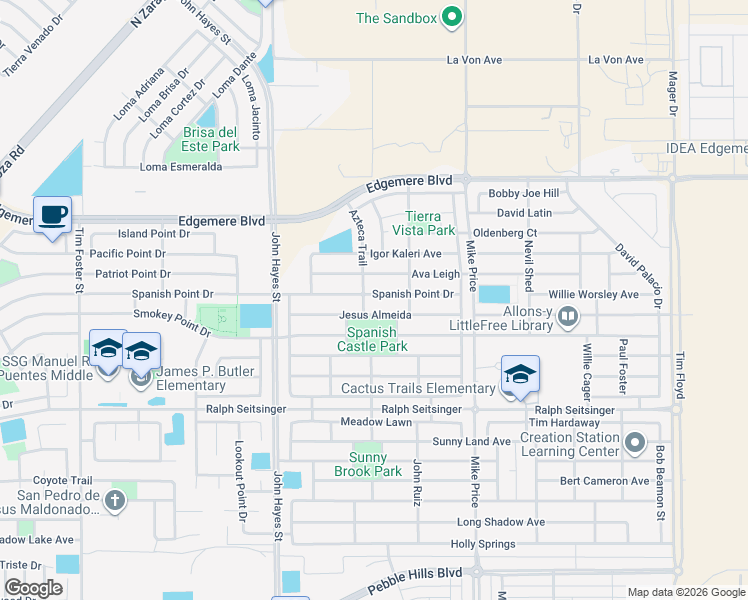 map of restaurants, bars, coffee shops, grocery stores, and more near 14608 Spanish Point Drive in El Paso