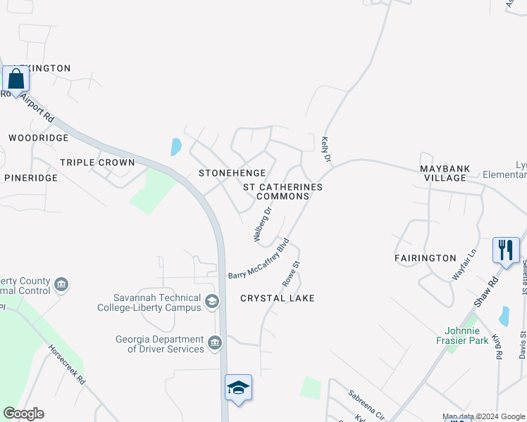 map of restaurants, bars, coffee shops, grocery stores, and more near 2125 Walberg Drive in Hinesville