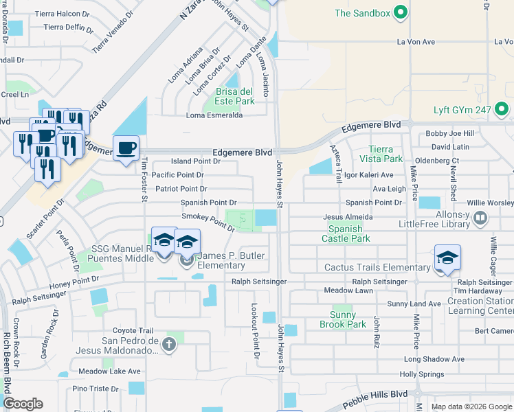 map of restaurants, bars, coffee shops, grocery stores, and more near 14421 Spanish Point Drive in El Paso