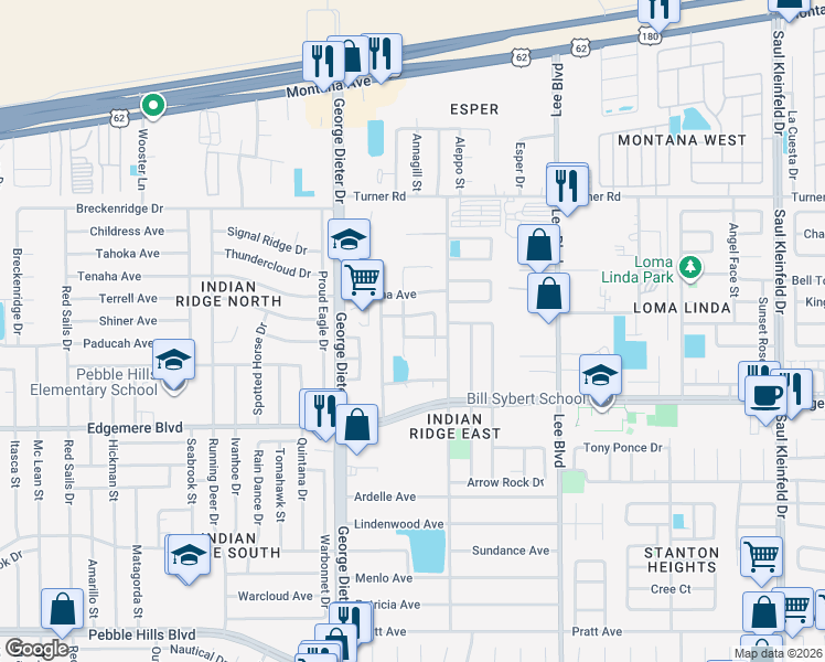 map of restaurants, bars, coffee shops, grocery stores, and more near 11358 Blue Moon Drive in El Paso