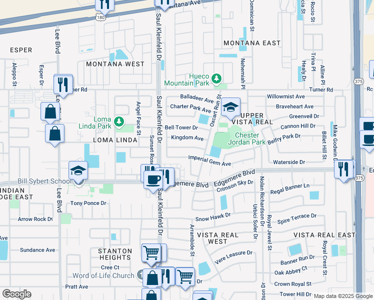 map of restaurants, bars, coffee shops, grocery stores, and more near 11761 Corona Crest Avenue in El Paso