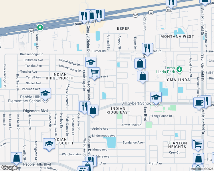 map of restaurants, bars, coffee shops, grocery stores, and more near 11358 Blue Moon Drive in El Paso