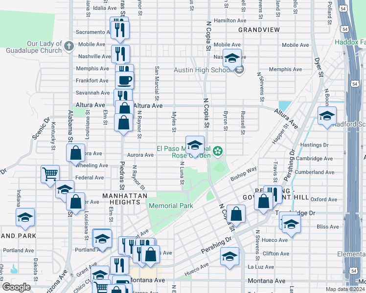 map of restaurants, bars, coffee shops, grocery stores, and more near 3208 Lebanon Avenue in El Paso