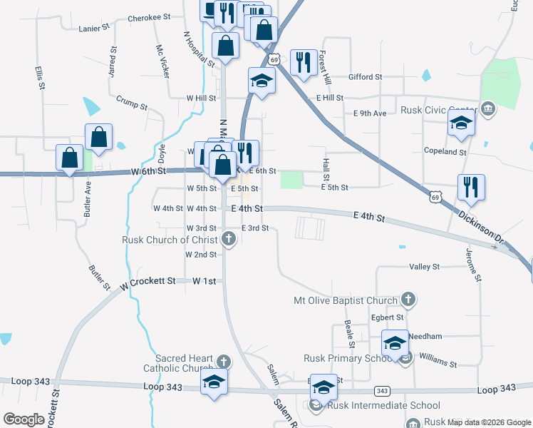 map of restaurants, bars, coffee shops, grocery stores, and more near 224 East 4th Street in Rusk