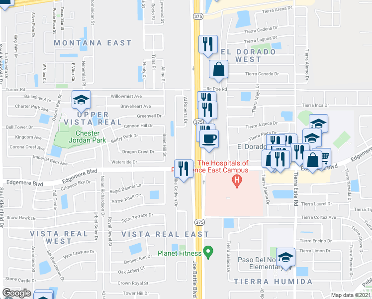 map of restaurants, bars, coffee shops, grocery stores, and more near 3411 Joe Battle Boulevard in El Paso
