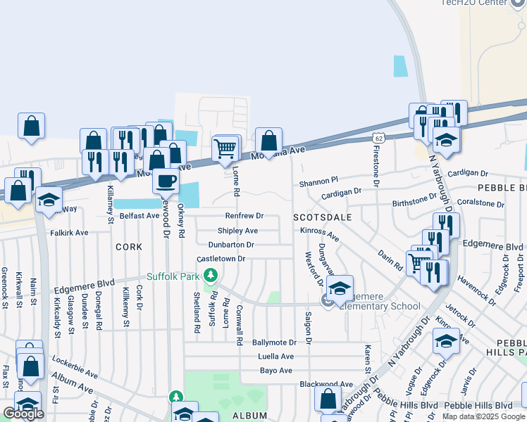 map of restaurants, bars, coffee shops, grocery stores, and more near 10225 Renfrew Drive in El Paso