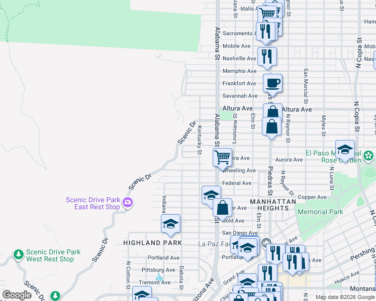 map of restaurants, bars, coffee shops, grocery stores, and more near 2406 Lebanon Avenue in El Paso
