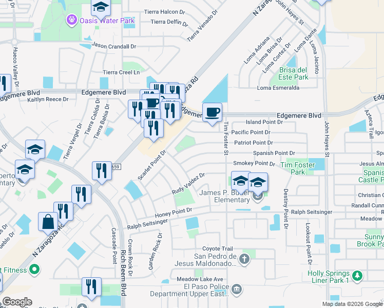 map of restaurants, bars, coffee shops, grocery stores, and more near 14181 Spanish Point Drive in El Paso