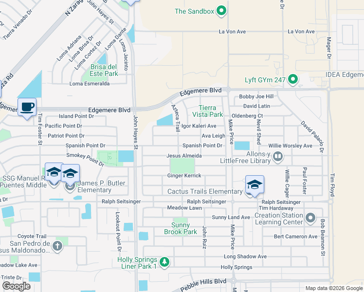 map of restaurants, bars, coffee shops, grocery stores, and more near 14604 Spanish Point Drive in El Paso
