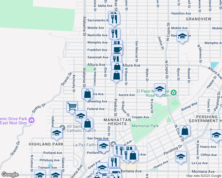 map of restaurants, bars, coffee shops, grocery stores, and more near 2806 Lebanon Avenue in El Paso