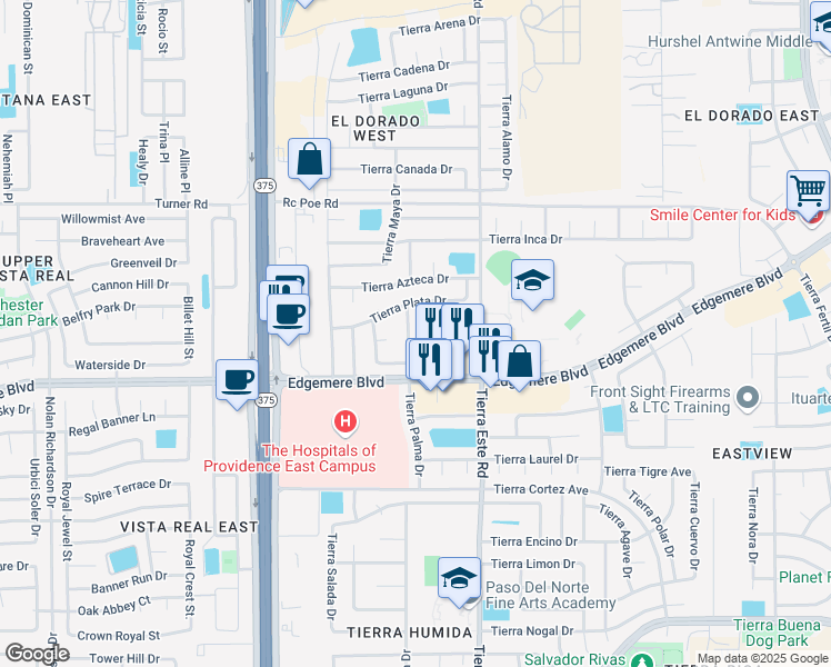map of restaurants, bars, coffee shops, grocery stores, and more near 3440 Tierra Cobre Drive in El Paso