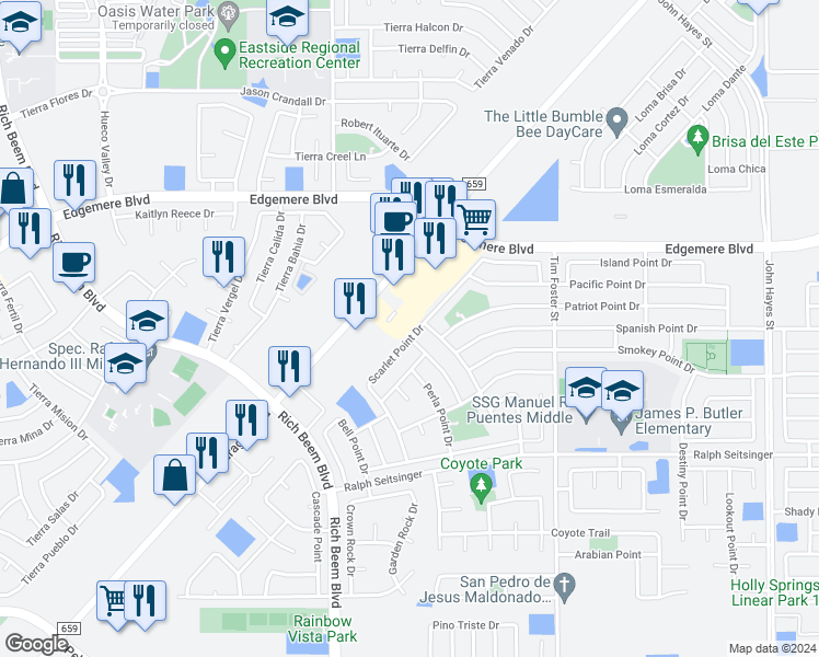 map of restaurants, bars, coffee shops, grocery stores, and more near 3373 Scarlet Point Drive in El Paso