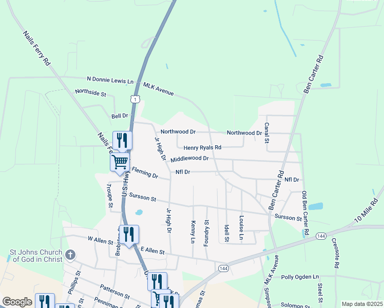 map of restaurants, bars, coffee shops, grocery stores, and more near 104-108 Henry Ryals Road in Baxley