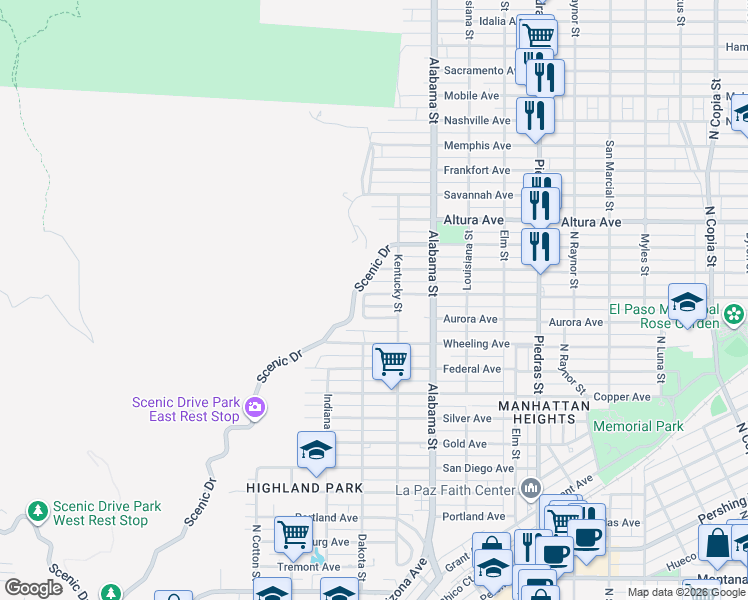 map of restaurants, bars, coffee shops, grocery stores, and more near 2406 Lebanon Avenue in El Paso