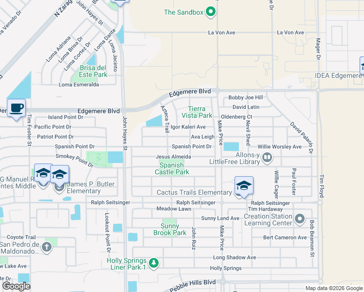 map of restaurants, bars, coffee shops, grocery stores, and more near 14629 Spanish Point Drive in El Paso