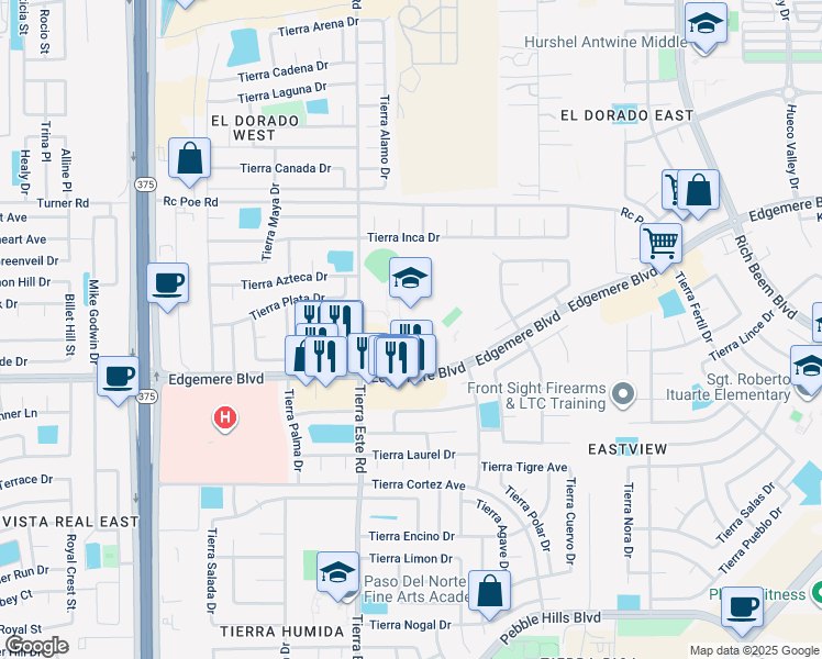 map of restaurants, bars, coffee shops, grocery stores, and more near 12401 Edgemere Boulevard in El Paso