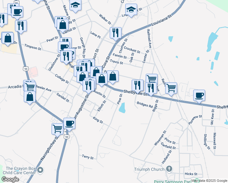map of restaurants, bars, coffee shops, grocery stores, and more near 408 Shelbyville Street in Center