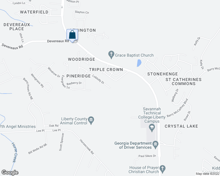 map of restaurants, bars, coffee shops, grocery stores, and more near 1343 Loblolly Drive in Hinesville