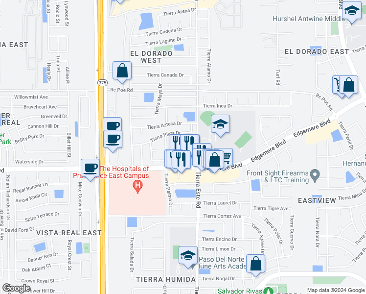 map of restaurants, bars, coffee shops, grocery stores, and more near 3440 Tierra Cobre Drive in El Paso