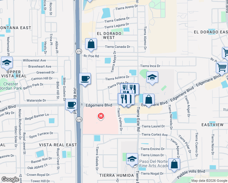 map of restaurants, bars, coffee shops, grocery stores, and more near 3449 Tierra Cobre Drive in El Paso