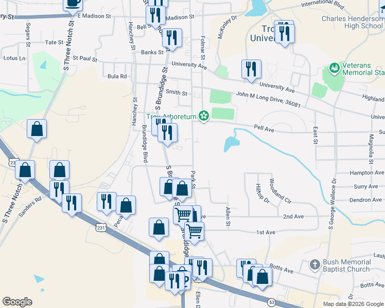 map of restaurants, bars, coffee shops, grocery stores, and more near 1006 Park Street in Troy