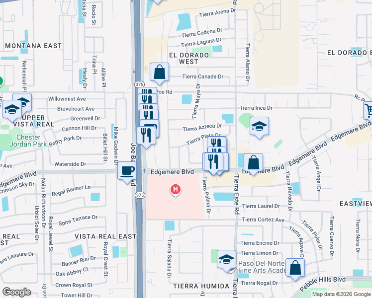 map of restaurants, bars, coffee shops, grocery stores, and more near 3445 Tierra Ruby Drive in El Paso