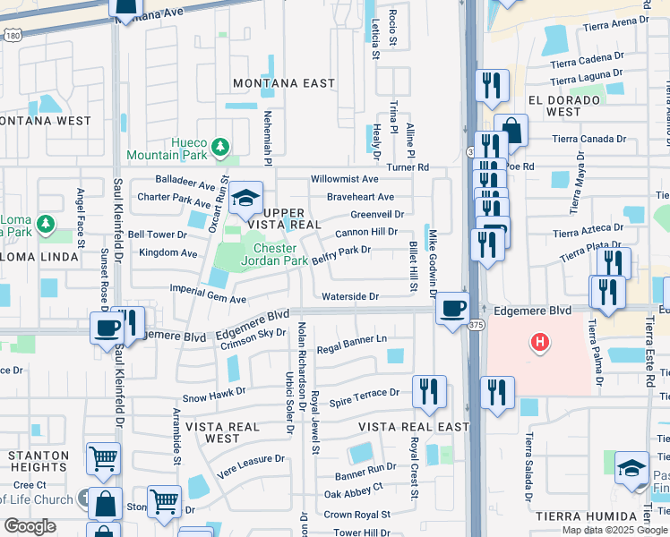 map of restaurants, bars, coffee shops, grocery stores, and more near 3440 Dragon Crest Drive in El Paso