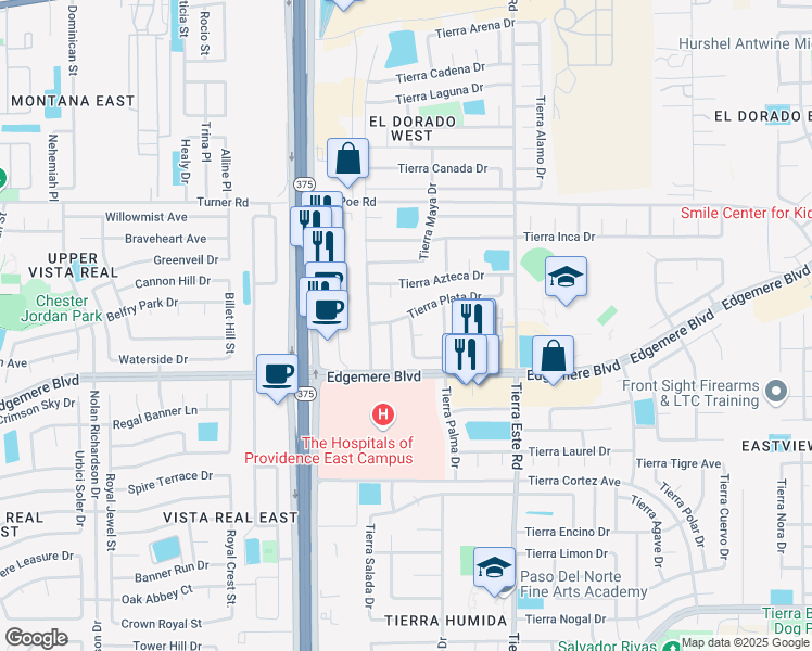 map of restaurants, bars, coffee shops, grocery stores, and more near 3445 Tierra Ruby Drive in El Paso