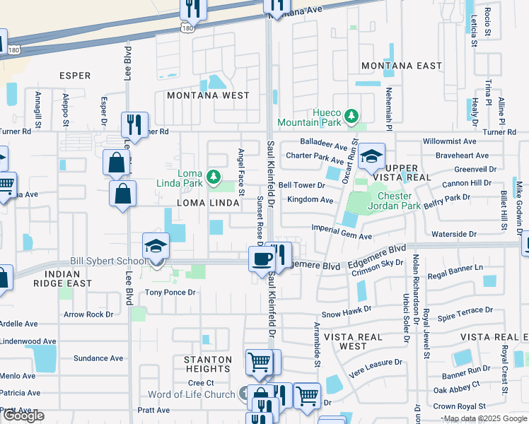 map of restaurants, bars, coffee shops, grocery stores, and more near 3460 Sunset Rose Dr in El Paso