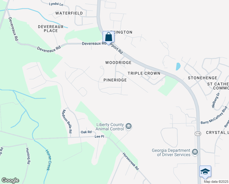 map of restaurants, bars, coffee shops, grocery stores, and more near 1424 Evergreen Trail in Hinesville