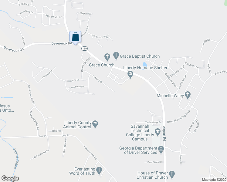 map of restaurants, bars, coffee shops, grocery stores, and more near 1341 Loblolly Drive in Hinesville