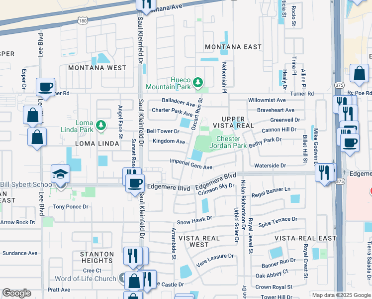map of restaurants, bars, coffee shops, grocery stores, and more near 3468 Oxcart Run Street in El Paso
