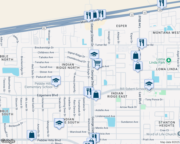 map of restaurants, bars, coffee shops, grocery stores, and more near 3473 Buffalo Soldier Circle in El Paso