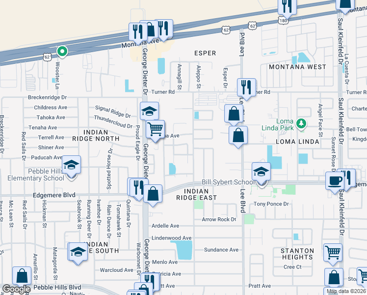 map of restaurants, bars, coffee shops, grocery stores, and more near 11358 Blue Moon Drive in El Paso