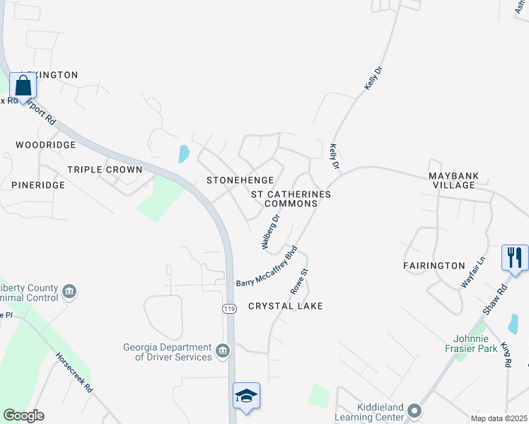 map of restaurants, bars, coffee shops, grocery stores, and more near 1934 Heathrow Drive in Hinesville