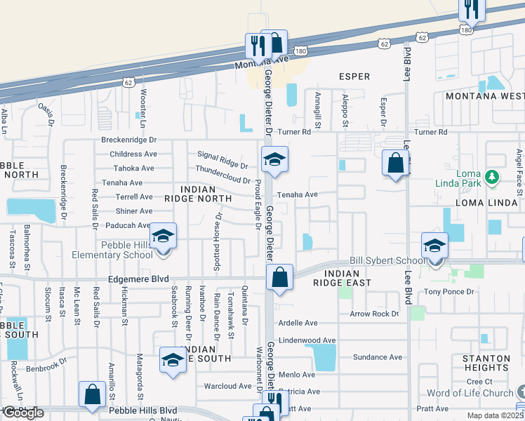 map of restaurants, bars, coffee shops, grocery stores, and more near 3473 Buffalo Soldier Circle in El Paso
