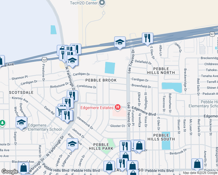 map of restaurants, bars, coffee shops, grocery stores, and more near 10801 Elkhart Drive in El Paso
