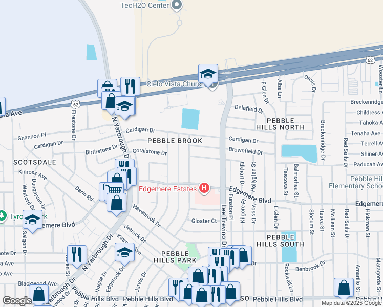 map of restaurants, bars, coffee shops, grocery stores, and more near 10801 Elkhart Drive in El Paso