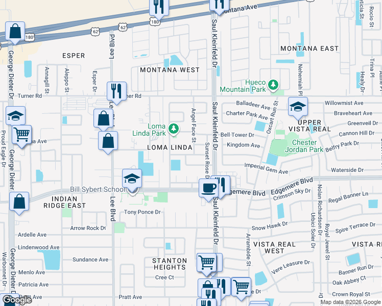 map of restaurants, bars, coffee shops, grocery stores, and more near 3457 Angel Face Street in El Paso