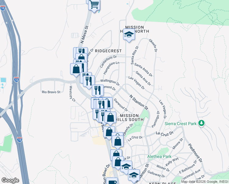 map of restaurants, bars, coffee shops, grocery stores, and more near 4201 Larchmont Drive in El Paso