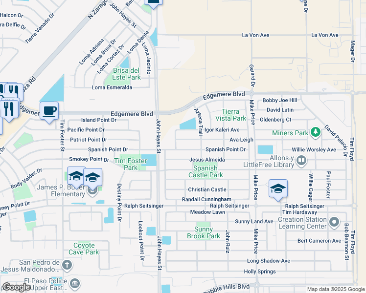 map of restaurants, bars, coffee shops, grocery stores, and more near 14553 Spanish Point Drive in El Paso