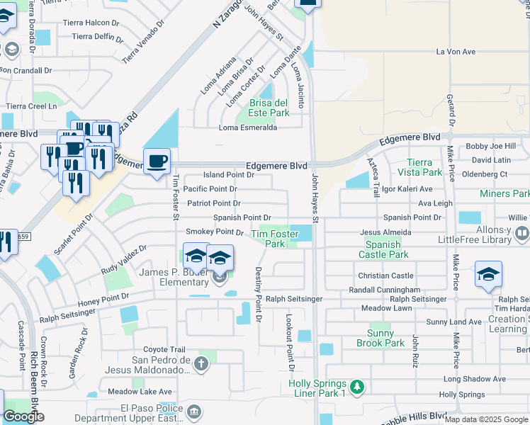map of restaurants, bars, coffee shops, grocery stores, and more near 14355 Spanish Point Drive in El Paso