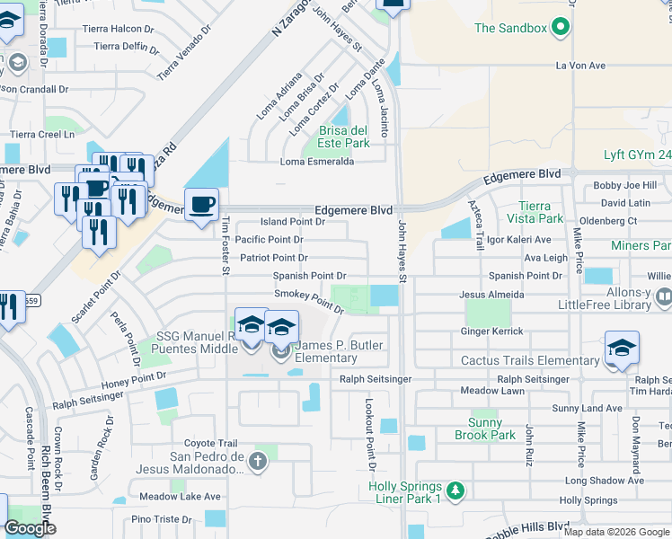 map of restaurants, bars, coffee shops, grocery stores, and more near 14355 Spanish Point Drive in El Paso